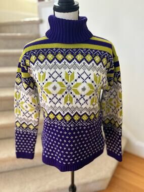 Vintage 90s Purple, Lime Green, & Metallic Silver Snowflake Fair Isle Turtleneck